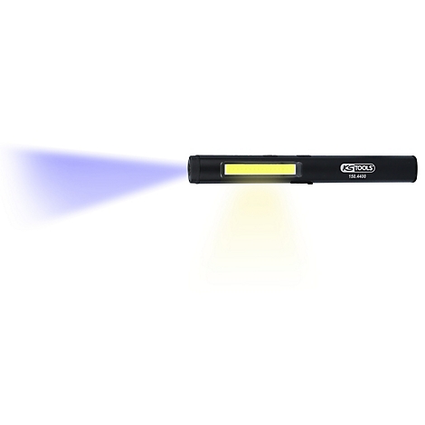 Zwarte zaklamp met geel licht naar beneden en blauw licht naar links. Tekst luidt 'KS TOOLS'.